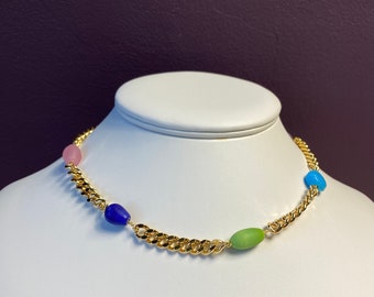 New! Chunky Gold Plated Choker Necklace with Vintage Multicolor Glass Beads