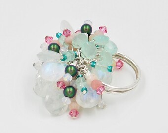 Adjustable Beaded Aurora Mint Green Crystal and Swarovski Pearl Cocktail Ring with Moonstones