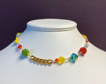 New! Gold Chain Choker Necklace with Multi Colored Beads and Crystals