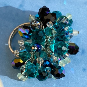 Adjustable Band Beaded Aqua Diamonds Statement Cocktail Ring Swarovski Pearls and Vivid Blue Crystals