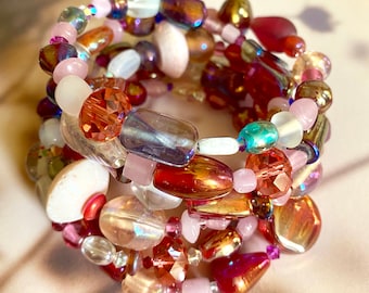 Cosmos Carnival Beaded Wrap Memory Wire Bracelet with Vintage Beads