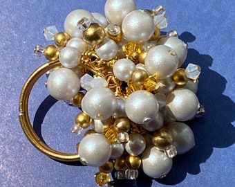 New! Beaded Crystal White Pearl and Gold Cocktail Ring Adjustable Gold Band