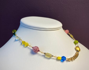 New! Gold Chain Choker Necklace with Multi Colored Beads