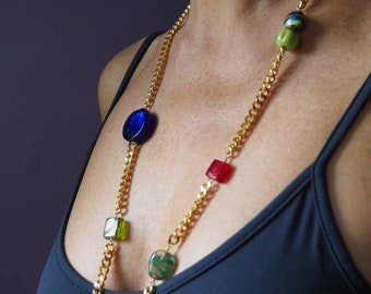 Chunky Gold Plated 30 inch Necklace with Big Vintage Multicolor Glass Beads