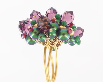 Adjustable Dragon Scale Purple, Emerald Crystal and Swarovski Pearl Cocktail Ring with Vermeil Beads
