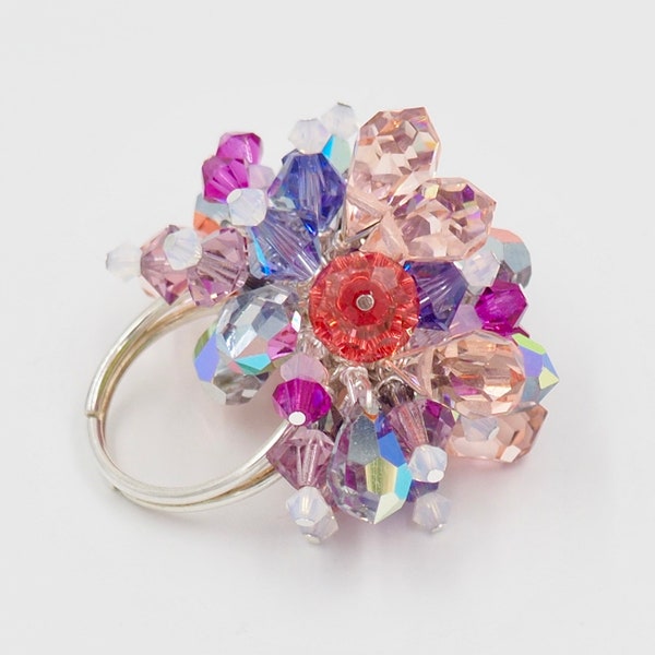 Cocktail Ring, Adjustable Silver Band, Beaded Crystal Glitterati Super Sparkle, Multi colored crystals