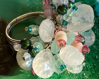 Cocktail Ring- Adjustable Beaded Aurora Mint Green Crystal and Swarovski Pearl Cocktail Ring with Moonstones