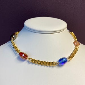 Chunky Gold Plated Choker Necklace with Vintage Multicolor Glass Beads