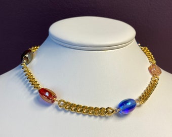 Chunky Gold Plated Choker Necklace with Vintage Multicolor Glass Beads
