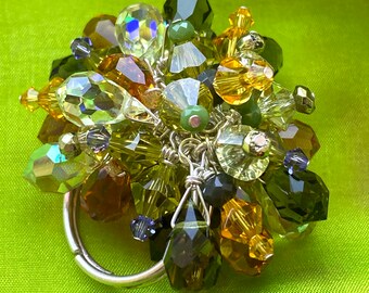 Adjustable Crystal Beaded Cocktail Ring, Spring Green Multi Colored Crystals and Beads