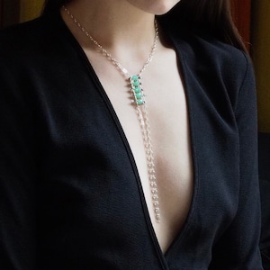 Beaded Waterfall Mini Necklace with shimmering Aqua and Silver beads