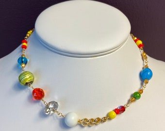 New! Gold 2 Chain Choker Necklace with Multi Colored Beads