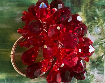 Cocktail Ring Adjustable Valentine's Red Beaded Crystal Cocktail Ring Scarlet and Ruby Red Crystals