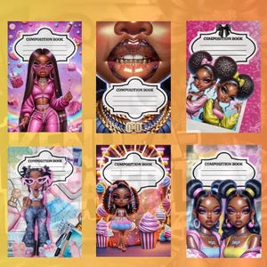 Stylish African American Girl PNG Notebook Covers Bundle | Melanin Queen Digital Composition Book Covers for Back to School & Journals