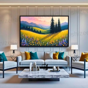 Mountain Meadow Digital Art Print | Serene Landscape Wall Decor | Wildflower Field Sunset Painting | Instant Download Printable