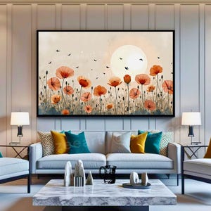 Poppy Field Sunset Print: Watercolor Landscape, Neutral Decor (Digital Download)