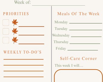 May include: A weekly planner with an autumn theme. The title "Autumn Reset" is in orange, with a pumpkin illustration. Sections include "Priorities," "Meals of the Week," "Weekly To-Do's," and "Notes/Reflections." A coffee cup graphic is in the corner.