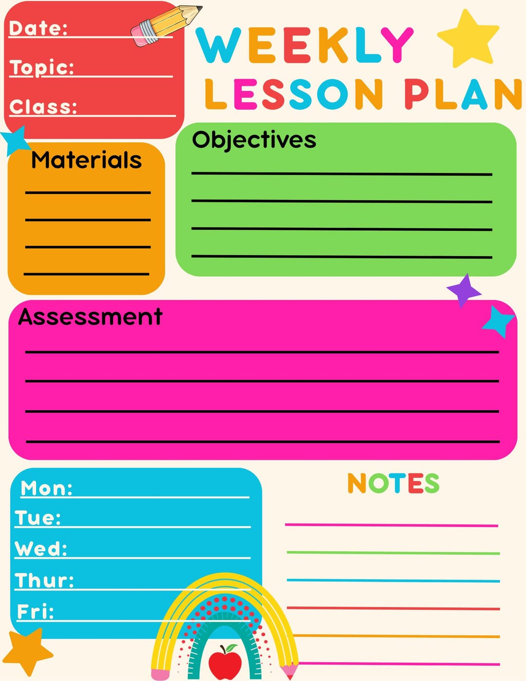 Bright & Fun Weekly Leeson Plan | Printable PDF | Rainbow School Theme ...