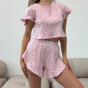 Women Pajama Set Cotton Lounge Set Comfy Sleepwear Summer Knit Shorts Set Two Piece Nightwear Outfit T Shirt Pajamas For Her Summer Homewear