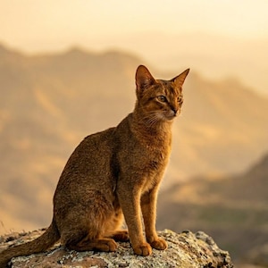 Peut inclure: Un chat brun est assis sur un rocher recouvert de mousse, regardant vers la droite. La fourrure du chat est d'un brun doré chaud, et ses oreilles sont dressées. L'arrière-plan présente un paysage flou avec une lumière dorée douce.