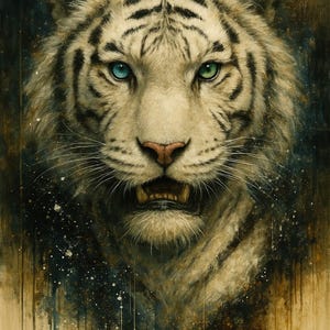 Peut inclure: Peinture détaillée d'un visage de tigre blanc, avec des yeux bleus et verts saisissants. La fourrure du tigre est d'un blanc crémeux avec des rayures noires. L'œuvre a un style pictural avec un fond sombre et texturé.