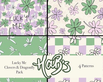 Stof en briefpapier | 4 patronen | Naadloze herhaling | Lucky Me-klavers en libellen | Speels ontwerp
