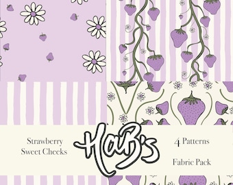 Tela / Patrón sin costuras / Strawberry Sweet Cheeks Lilac / 4 patrones / Strawberry Vines, Daisy, Fruit, Stripes