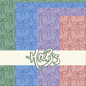 Op de afbeelding: Een patroonontwerp met herhaalde strikillustraties in groen, blauw, paars en roze tinten. Het woord "Hab's" is in een cursief lettertype over het midden van de afbeelding geschreven.