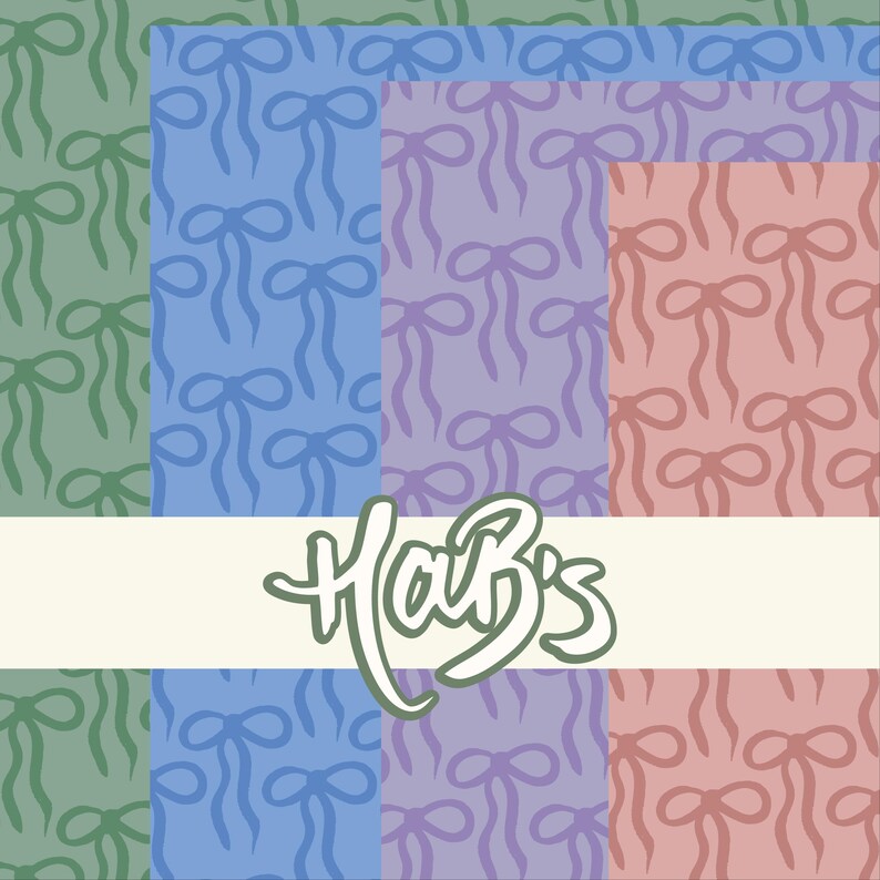 Op de afbeelding: Een patroonontwerp met herhaalde strikillustraties in groen, blauw, paars en roze tinten. Het woord "Hab's" is in een cursief lettertype over het midden van de afbeelding geschreven.