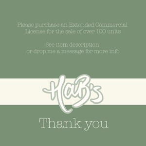 Op de afbeelding: Een grafisch ontwerp met een groene achtergrond, een witte horizontale streep en de tekst "Hab's" in een cursief lettertype. De tekst "Thank you" staat onder het logo en andere tekst geeft licentie-informatie.