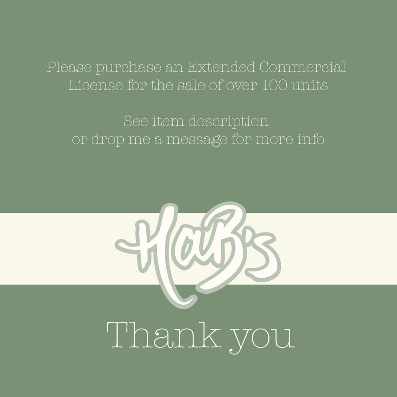 Op de afbeelding: Een grafisch ontwerp met een groene achtergrond, een witte horizontale streep en de tekst "Hab's" in een cursief lettertype. De tekst "Thank you" staat onder het logo en andere tekst geeft licentie-informatie.