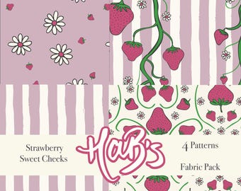Tela / Estampado sin costuras / Strawberry Sweet Cheeks Rosa / 4 Estampados / Enredaderas de fresa, Margarita, Fruta, Rayas