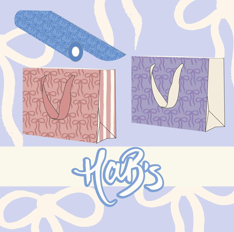 Op de afbeelding: Illustratie van cadeauzakjes en inpakpapier met een strikpatroon. De tassen zijn roze en paars met witte handvatten. Het inpakpapier is blauw. Het woord "Hab's" is geschreven in een lichtblauw script.