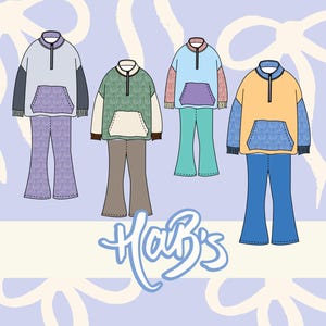 Op de afbeelding: Vier sets bijpassende outfits in verschillende kleuren, elk met een pullover met een kangoeroezak en uitlopende broeken. De outfits omvatten lichtblauwe, groene, gele en lavendelkleurige kleurenschema's. Het woord "Hab's" is cursief geschreven.