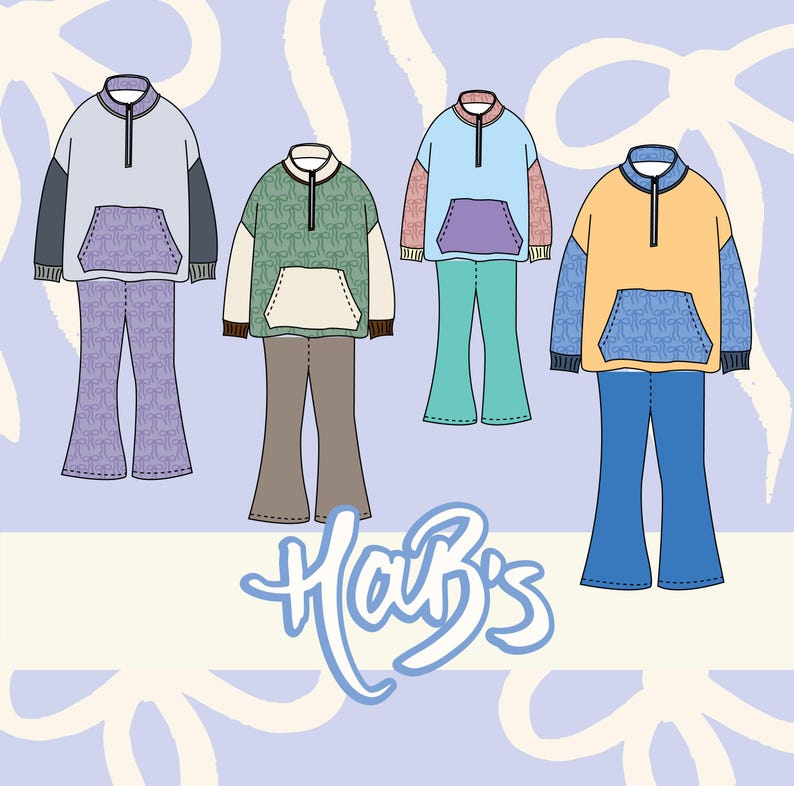 Op de afbeelding: Vier sets bijpassende outfits in verschillende kleuren, elk met een pullover met een kangoeroezak en uitlopende broeken. De outfits omvatten lichtblauwe, groene, gele en lavendelkleurige kleurenschema's. Het woord "Hab's" is cursief geschreven.