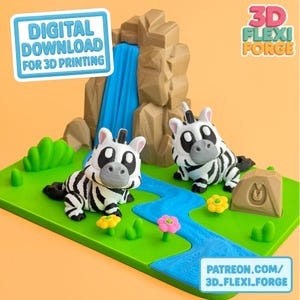 Cute Flexi Zebra and Waterfall Scene, .STL & 3MF file for 3D printing. Articulated, Print in place, Flexi Fidget Toy