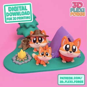Cute Flexi Fox Family and Forest Camping Scene, .STL & 3MF file for 3D printing. Articulated, Print in place, Flexi Fidget Toy