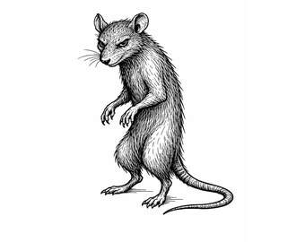 Rata antropomórfica – Ilustración en tinta negra PNG para descargar / Arte mural imprimible / Arte animal minimalista