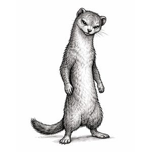 May include: A detailed black and white illustration of a weasel standing upright. The weasel has a stern expression, with its head slightly tilted. Its fur is textured, and the artwork is set against a plain white background.