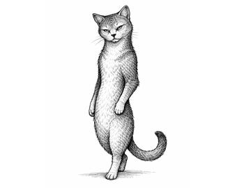 Gato antropomórfico – Ilustración en tinta negra PNG para descargar / Arte mural imprimible / Arte animal minimalista