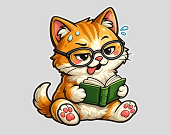 Bücherwurm Katze Aufkleber PNG | Niedliche lesende Katze | Digitaler Download