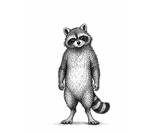 Anthropomorpher Waschbär – Schwarze Tinte Illustration PNG Download | Druckbare Kunst
