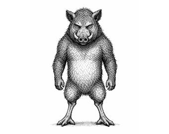 Anthropomorpher Eber – Schwarze Tinte Illustration PNG Download | Druckbare Wandkunst | Minimal Art