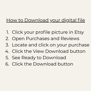 K&ouml;nnte beinhalten: Eine digitale Anleitung mit der &Uuml;berschrift How to Download your digital file, gefolgt von einer nummerierten Liste: 1. Click your profile picture in Etsy, 2. Open Purchases and Reviews, 3. Locate and click on your purchase, 4. Click the View Download button, 5. See Ready to Download, 6. Click the Download button.