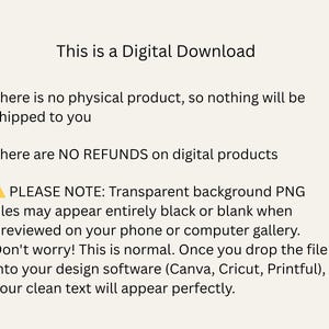 K&ouml;nnte beinhalten: Eine Grafik mit Informationen zum digitalen Download mit schwarzem Text auf hellbeigem Hintergrund. Der Text lautet: This is a Digital Download, There is no physical product, so nothing will be shipped to you, There are NO REFUNDS on digital products.