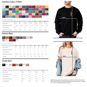 K&ouml;nnte beinhalten: Ein schwarzes Sweatshirt und ein cremefarbenes T-Shirt werden mit Ma&szlig;en f&uuml;r verschiedene Hemdgr&ouml;&szlig;en gezeigt. Farbmuster f&uuml;r Comfort Colors-, Unisex- und Youth-Shirts werden angezeigt. Der Text lautet: &bdquo;Bitte nehmen Sie sich einen Moment Zeit, um die Gr&ouml;&szlig;entabelle zu &uuml;berpr&uuml;fen, bevor Sie Ihre Bestellung aufgeben.&ldquo;