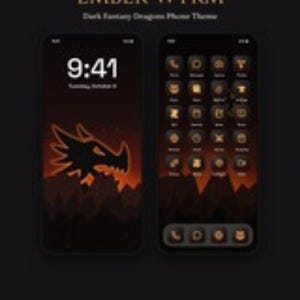 Può includere: Due smartphone che mostrano il tema Ember Wyrm Dark Fantasy Dragons. Gli schermi presentano una silhouette di drago nera e arancione su un paesaggio montano, con icone delle app a tema scuro e un orologio digitale che segna le 9:41.