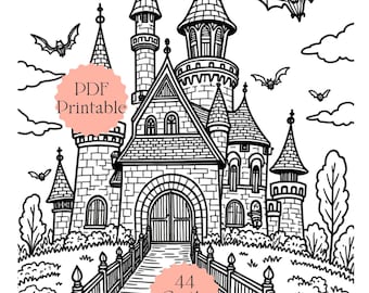 Livro de colorir Castelos Encantados | Desenhos de fantasia para colorir para crianças e adultos | Arte de castelo mágico, download instantâneo em PDF