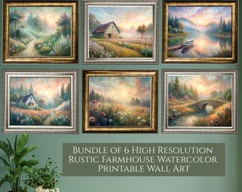 Vintage Pastell Aquarell Print Bundle DRUCKBARE Landschaftsmalerei Sammlung Rustikale Galerie Wand Kunst Set Trendige Natur Dekor Bauernhaus Kunst