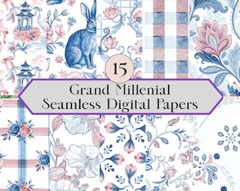May include: A collection of 15 seamless digital papers with a floral and bunny theme. The designs feature blue and pink watercolor illustrations of rabbits, flowers, and architectural elements on a white background. The text "Grand Millenial Seamless Digital Papers" is displayed.
